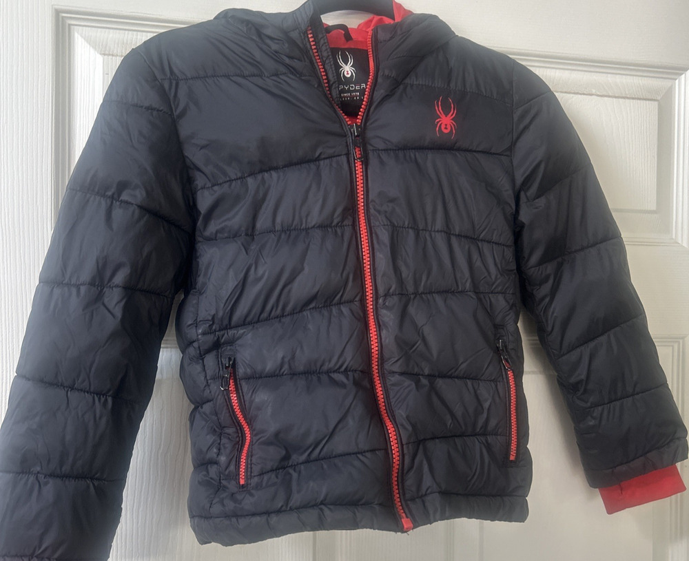 Spyder Puffer zip Jacket Boys xs 5/6 Black Red Kids Children's Ski winter Coat